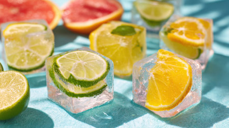 Bright citrus fruits like lemons and limes are frozen inside ice cubes, beautifully arranged on a blue surface, creating a refreshing summer vibe.の素材