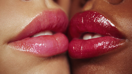 Two pairs of lips are closely positioned, highlighting contrasting shades of pink and red. The focus emphasizes the glossy finish, celebrating diversity in beauty.の素材