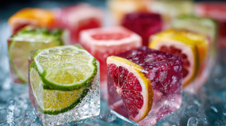 Vibrant fruit-flavored ice cubes filled with slices of citrus fruits create a refreshing visual. These eye-catching cubes rest on crushed ice, enhancing the summer vibe of the gathering.の素材