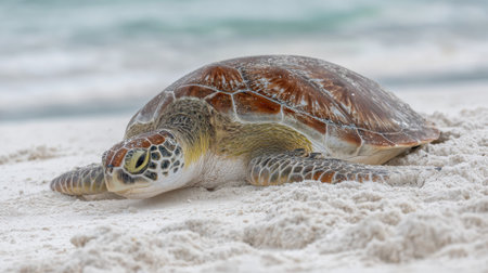 A sea turtle lies peacefully on a white sandy beach next to the gentle waves of the ocean, basking in the warmth of the sun during midday.の素材