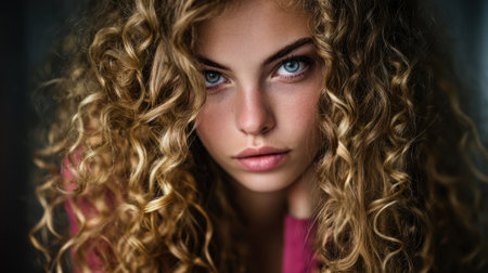 A young woman with voluminous curly hair and striking blue eyes gazes intently at the camera. The soft lighting highlights her features, creating an intimate atmosphere.の素材