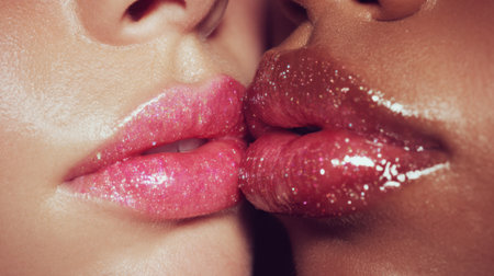 Two individuals lean towards each other, their glossy lips almost touching in a close-up capture. The soft lighting accentuates their unique lip colors, creating a warm ambiance.の素材