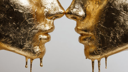 Two sculpted faces in gold, positioned closely together as if about to kiss, convey a sense of intimacy and connection. The drips of gold enhance the artistic detail.の素材