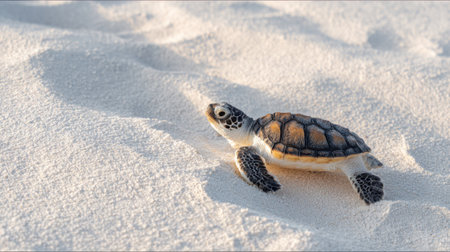 A small turtle makes its way across the soft sand, leaving tiny tracks in the early morning light. The serene beach setting suggests a new beginning for the young creature.の素材