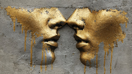 A striking golden relief sculpture showcases two faces poised to kiss, set against a textured concrete wall. The artwork highlights urban creativity and expression in a modern environment.の素材