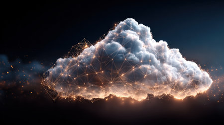 A dynamic cloud formation is illuminated with bright connections and network patterns, set against a deep, dark background, creating a futuristic and digital ambiance.の素材