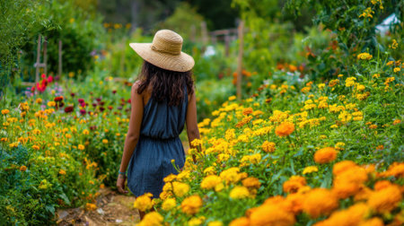 A woman walks along a path in a lush garden filled with bright flowers. Sunlight filters through the plants as she explores the vibrant landscape during a warm summer day.の素材