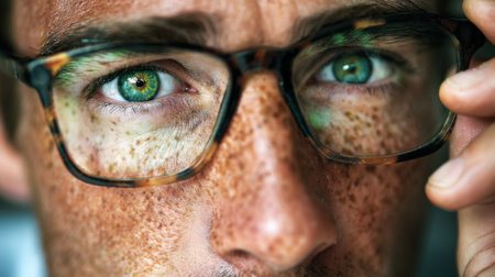 A man with vibrant green eyes and prominent freckles is adjusting his glasses. The setting appears to be an indoor space, offering a personal glimpse into his expression.の素材