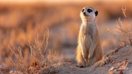 A meerkat is standing upright on a sandy mound, observing its surroundings as the warm sunlight bathes the desert landscape in a golden hue during early evening.の素材