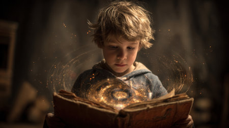 A young boy stands captivated by a weathered book, surrounded by a warm glow. He is intrigued by the swirling magic emerging from the pages, creating an enchanting atmosphere.の素材