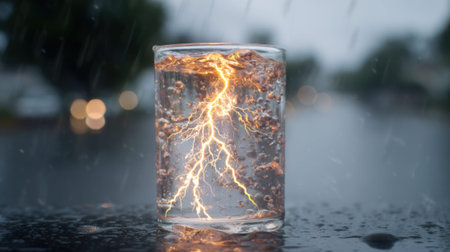 A clear glass filled with water captures a dramatic display of lightning bolts inside. Raindrops hit the glass, while a gloomy street scene unfolds in the background.の素材