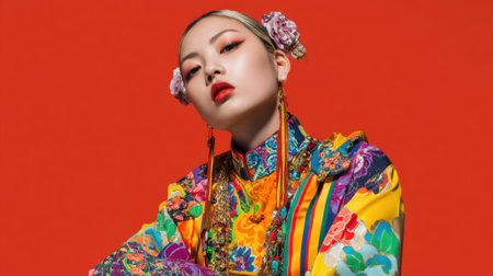 A model showcases a vibrant and colorful traditional outfit, complete with flowers in her hair. She poses confidently, exuding grace and style against a bold red backdrop that accentuates her attire.の素材