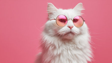 A fluffy white cat sports round pink sunglasses with confidence. The contrasting vibrant pink background adds a fun, lively atmosphere. This captures a moment of playful elegance.の素材