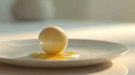 A perfectly shaped spherical egg sits on a white plate, with golden yolk oozing around it, highlighting innovative cooking techniques in a bright kitchen.の素材