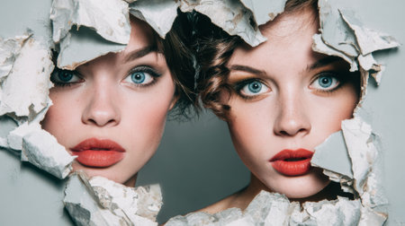 Two women with dramatic makeup and captivating blue eyes are gazing through a torn wall. Their expressions are intense, adding depth to the artistic presentation.の素材