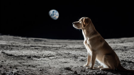 A Labrador retriever sits quietly on the lunar landscape, looking towards Earth, showcasing a surreal connection between earthbound and extraterrestrial life.の素材