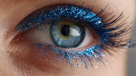 A captivating blue eye showcases bold glitter makeup along the lashes and eyelid. Bright lights enhance the intricate details and colors, highlighting this artistic cosmetic look.の素材