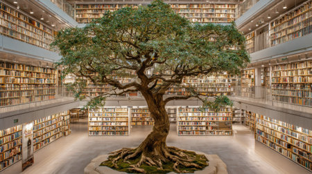 A striking indoor library showcases a large tree at its center, surrounded by towering bookshelves brimming with various titles, creating a serene reading environment.の素材