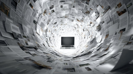 Surrounded by countless pages of news articles, a laptop sits in the center, creating the illusion of an endless spiral of information and digital media in a modern environment.の素材