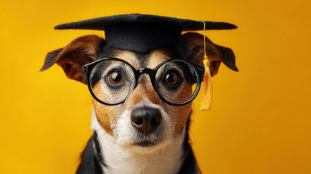 A dog dressed in a graduation cap and oversized glasses poses against a bright yellow background. The pet exudes charm and whimsy, symbolizing achievement and fun.の素材