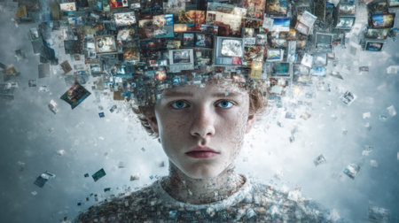 A young boy gazes thoughtfully, with an array of colorful digital images swirling above his head, creating a captivating visual display of creativity and imagination.の素材