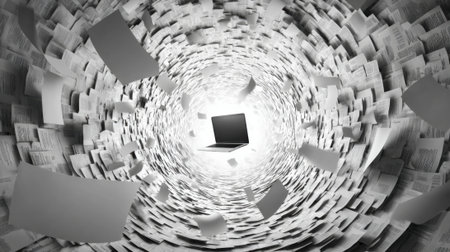 A whirlwind of scattered papers envelops a central laptop, creating a chaotic workspace that symbolizes digital clutter and information overload.の素材