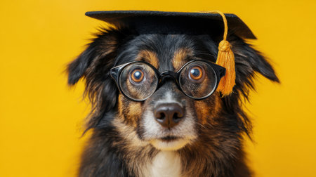 A dog with black and brown fur is wearing large round glasses and a graduation cap. The bright yellow background adds a cheerful touch to this playful graduation-themed display.の素材
