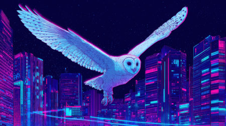 A magnificent owl glides gracefully through a lively city at night, surrounded by colorful neon lights from towering buildings, showing a blend of nature and urban life.の素材