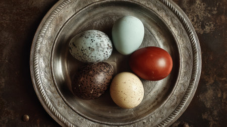 Assorted decorative eggs on intricately carved metal plate.の素材