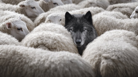 Wolf hidden among sheep illustrating deception and camouflage.の素材