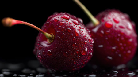 Fresh red cherries with water droplets on black background.の素材