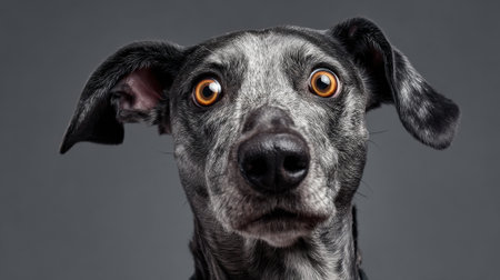 Close-up of alert gray dog with striking orange eyes on gray background.の素材