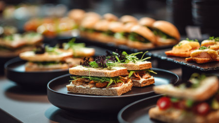 Assorted gourmet sandwiches on black plates in a modern dining setup.の素材