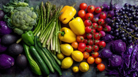 Vibrant assortment of fresh vegetables and fruits in rainbow colors.の素材