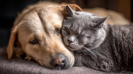 Golden labrador and gray cat cuddling peacefully on a cozy blanket.の素材