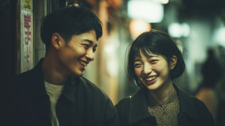 Young Asian adults laughing on the street at night.の素材