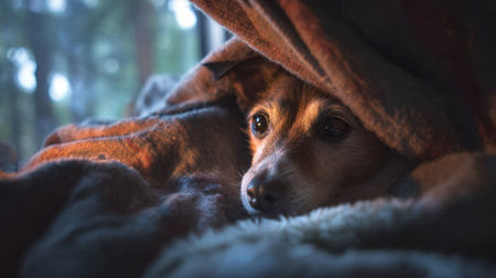 Cozy dog nestled in blanket looks out with curious eyes.の素材