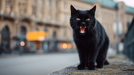 Fierce black cat hissing on city street with blurred building background.の素材