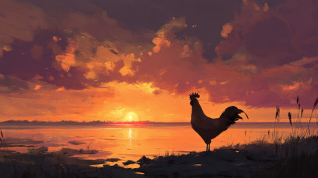 Silhouette of rooster at sunrise by tranquil lake with vibrant sky.の素材