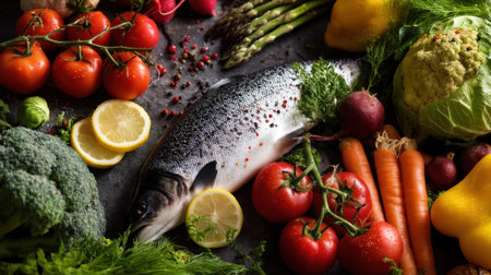 Fresh whole fish surrounded by colorful vegetables and herbs on dark background.の素材