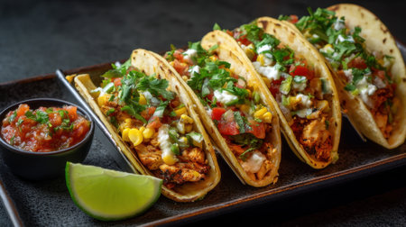 Delicious grilled chicken tacos with fresh salsa and lime.の素材