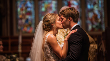 Young caucasian couple sharing first kiss at church wedding ceremony.の素材
