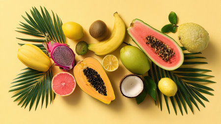 Assorted tropical fruits on yellow background with palms.の素材