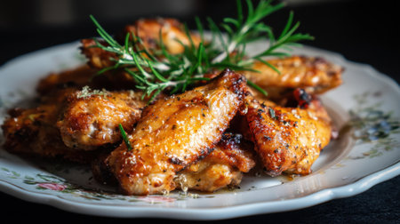 Delicious grilled chicken wings garnished with fresh rosemary on a floral plate.の素材