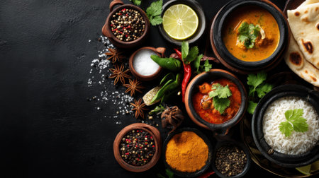 Assorted Indian cuisine with spices rice curry naan herbs and lime on dark background.の素材