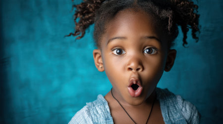 Surprised african child with curly hair in blue outfit against teal background.の素材