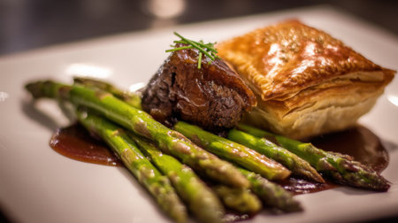 Elegant gourmet dinner with beef wellington, asparagus, and puff pastry on white plate.の素材