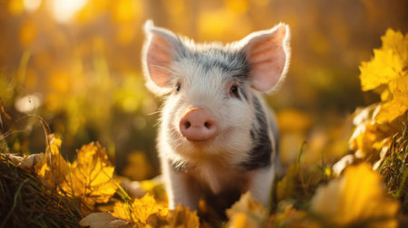Adorable piglet exploring autumn leaves in sunlit meadow.の素材