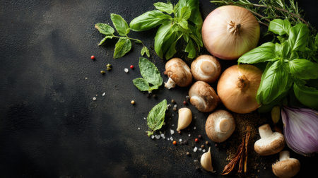 Fresh herbs and vegetables: onions, mushrooms, basil, garlic on dark background.の素材