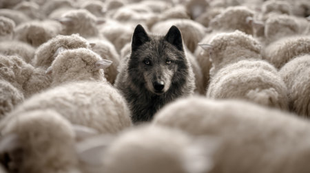 Wolf among sheep camouflage and predation in natures balance.の素材